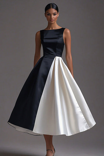 Robe à cravate noire en satin à col bateau